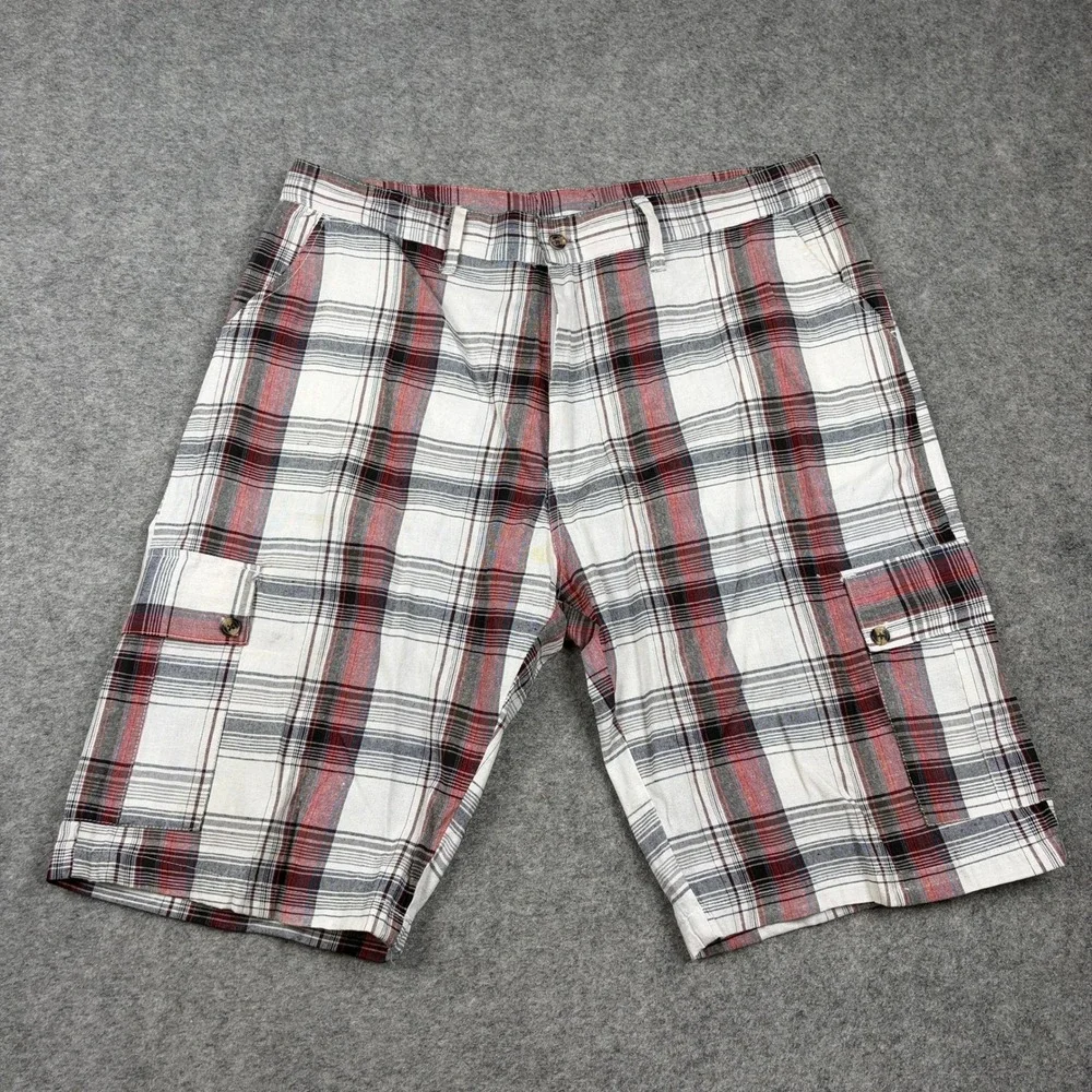 Y2K Brooklyn Unlimited Cargo Shorts Mens 38 Plaid Red White Black Casual Summer